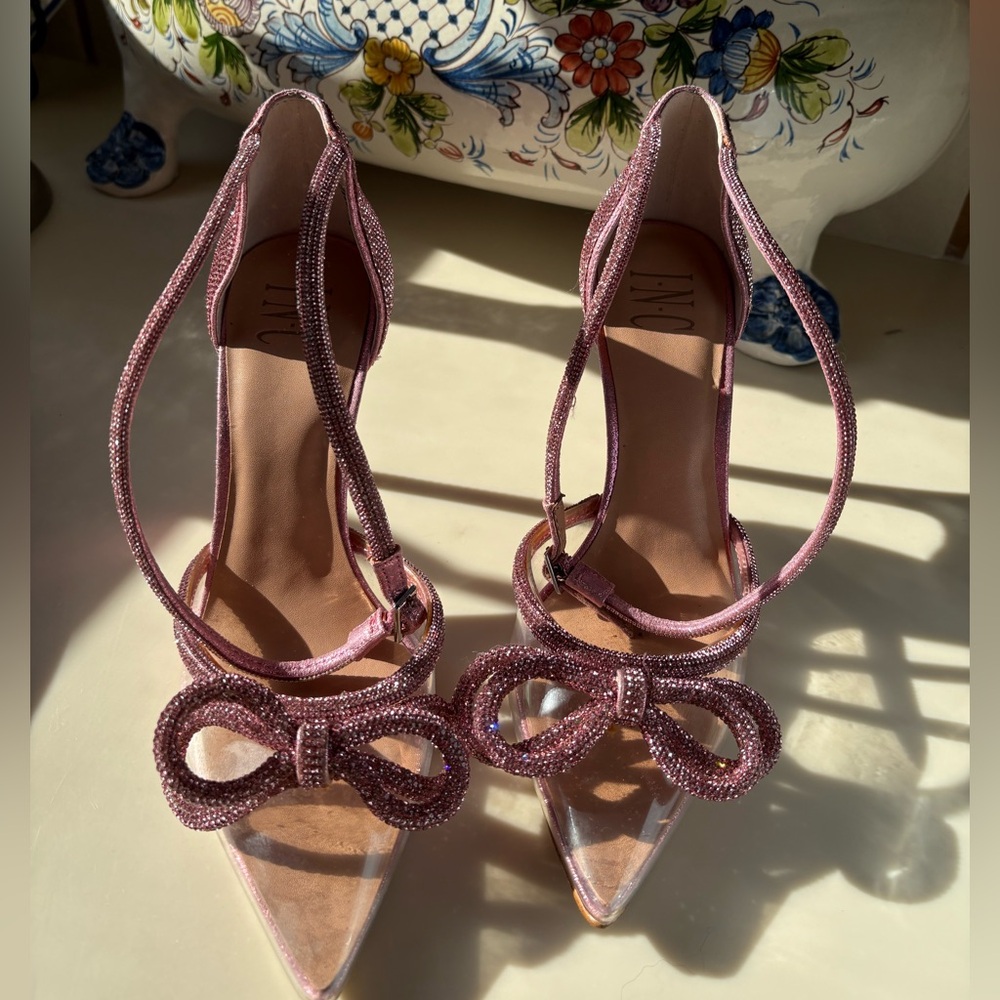 INC Elegant Rhinestone Laynea Pink Bow Double Ankle Stiletto Heels 💕💕